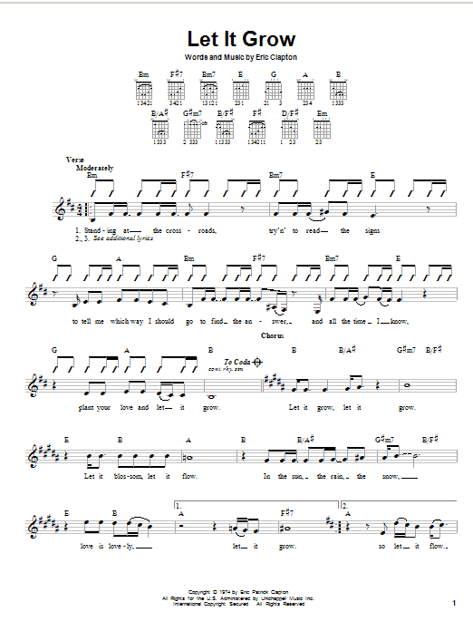 Preview Eric Clapton Let It Grow Rock sheet music, notes and chords for Piano, Vocal & Guitar (Right-Hand Melody), SKU: 49223 Let It Grow sheet music