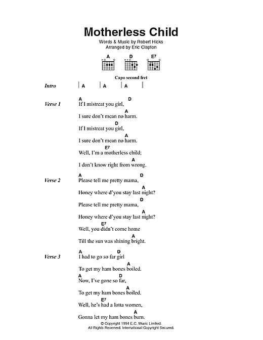 Preview Eric Clapton Motherless Child Rock sheet music, notes and chords for Lyrics & Chords, SKU: 49344 Motherless Child sheet music