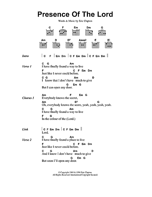 Preview Eric Clapton Presence Of The Lord Rock sheet music, notes and chords for Piano, Vocal & Guitar (Right-Hand Melody), SKU: 49257 Presence Of The Lord sheet music