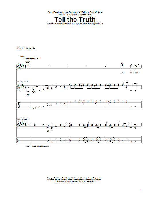 Preview Eric Clapton Tell The Truth Pop sheet music, notes and chords for Guitar Tab, SKU: 24070 sheet music, piano notes, chords, guitar tabs, score, transpose, transcribe, how to play, guide, download, learn, tutorial, progression, song, artist, awards, billboard, mtv, vh1, tour, single, album, release