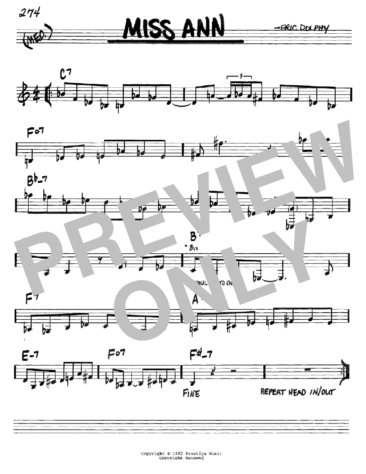 Preview Eric Dolphy Miss Ann Jazz sheet music, notes and chords for Real Book - Melody & Chords - Bb Instruments, SKU: 61420 Miss Ann sheet music