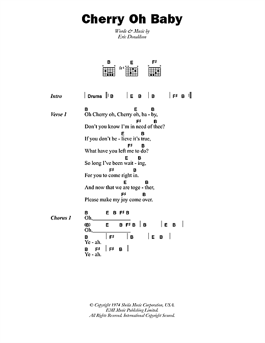 Eric Donaldson Cherry Oh Baby Sheet Music Notes & Chords for Lyrics & Chords - Download or Print PDF