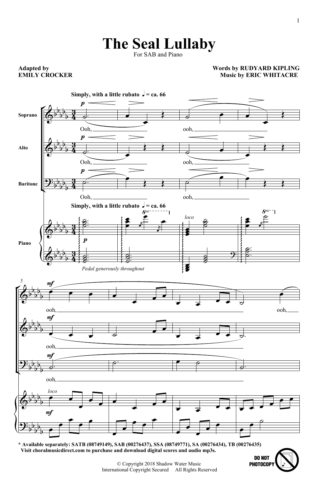 Preview Eric Whitacre The Seal Lullaby (arr. Emily Crocker) Festival sheet music, notes and chords for TB, SKU: 255110 The Seal Lullaby (arr. Emily Crocker) sheet music