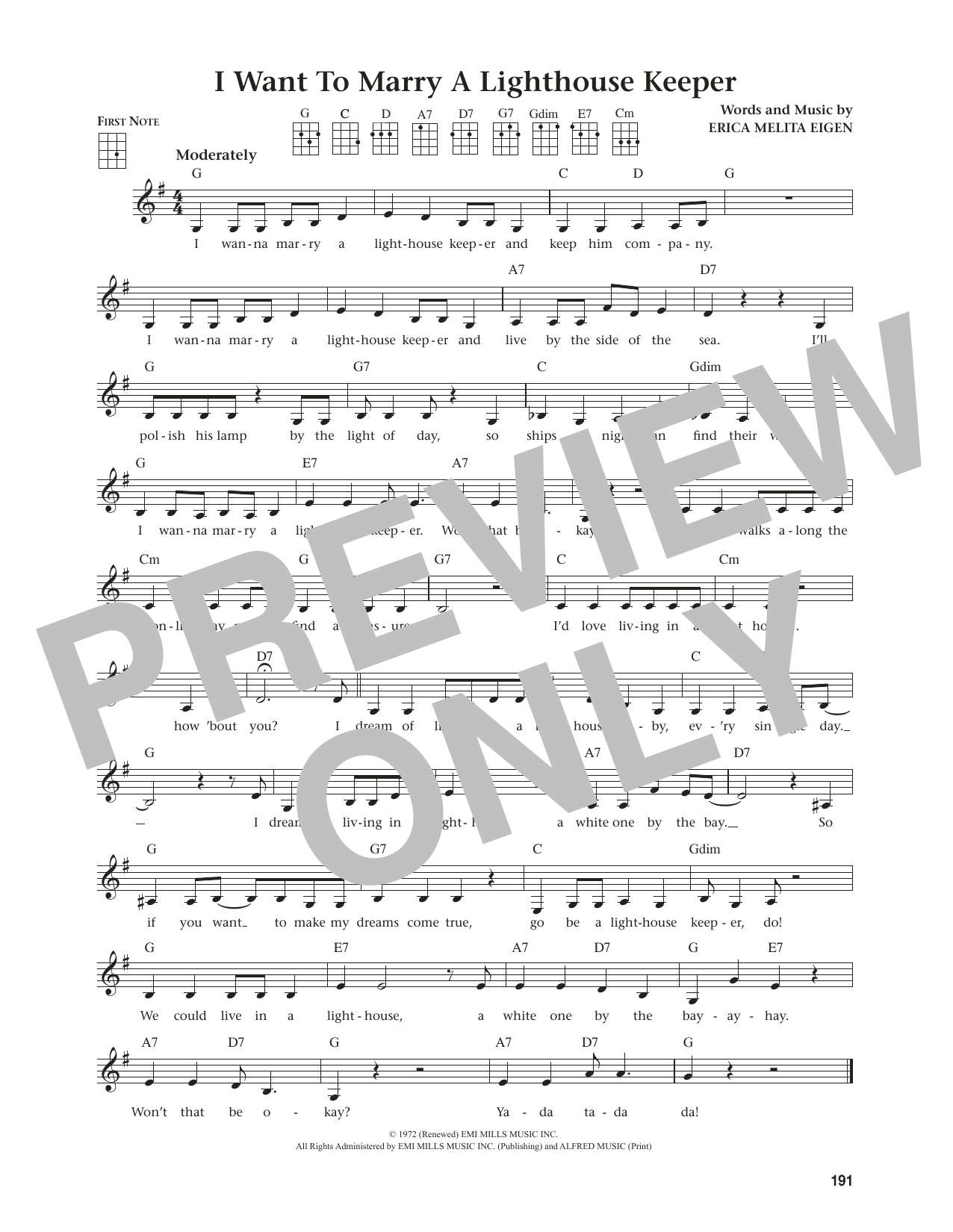 Erica Melita Eigen I Want To Marry A Lighthouse Keeper (from The Daily Ukulele) (arr. Jim Beloff) Sheet Music Notes & Chords for Ukulele - Download or Print PDF