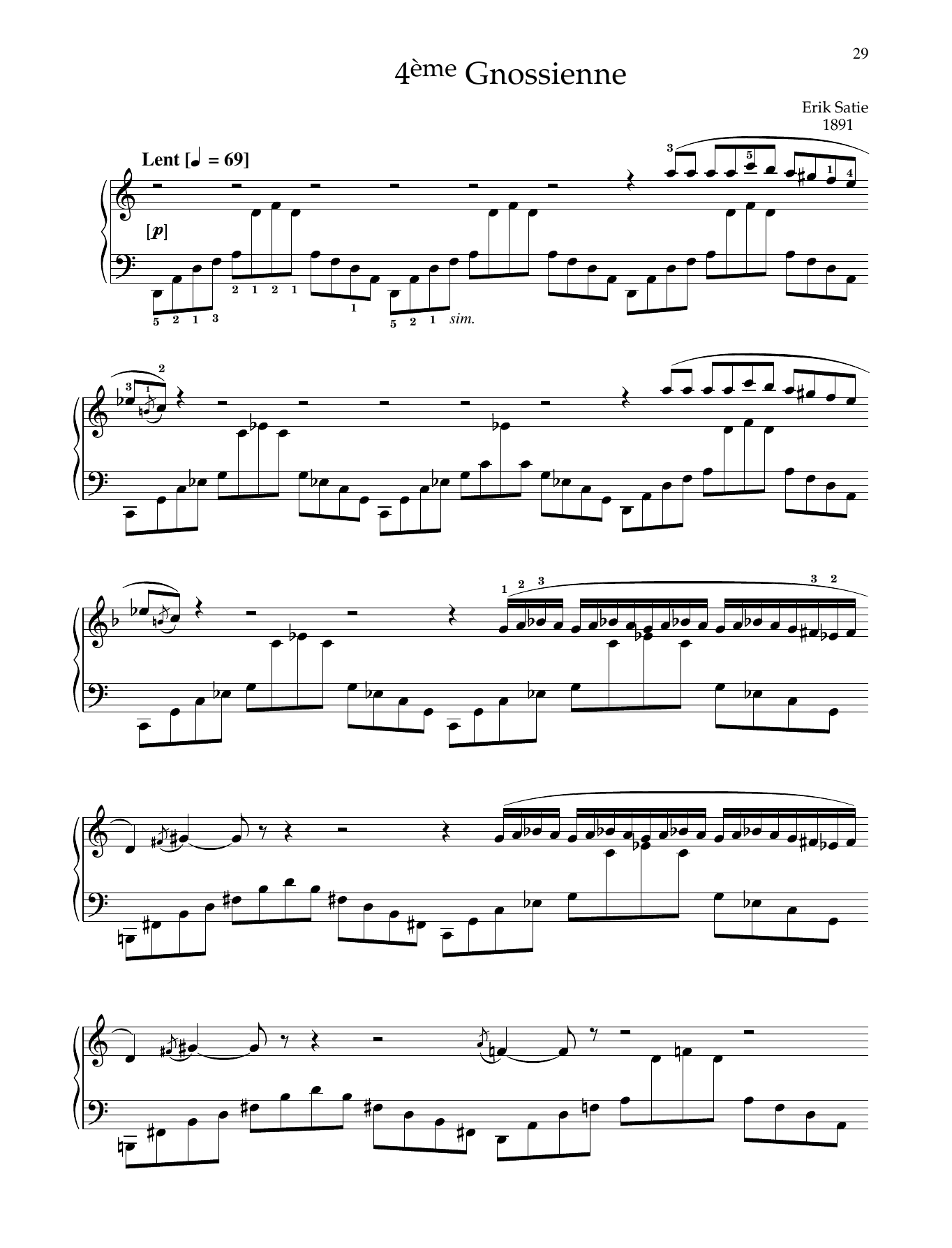 Erik Satie 4eme Gnossienne Sheet Music Notes & Chords for Piano Solo - Download or Print PDF