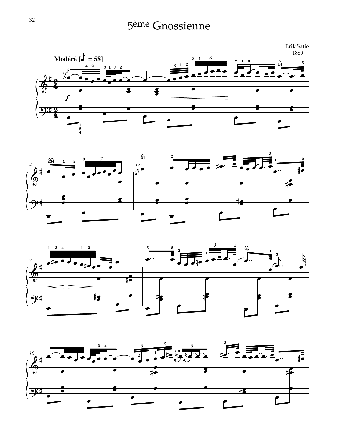 Erik Satie 5ème Gnossienne Sheet Music Notes & Chords for Piano Solo - Download or Print PDF