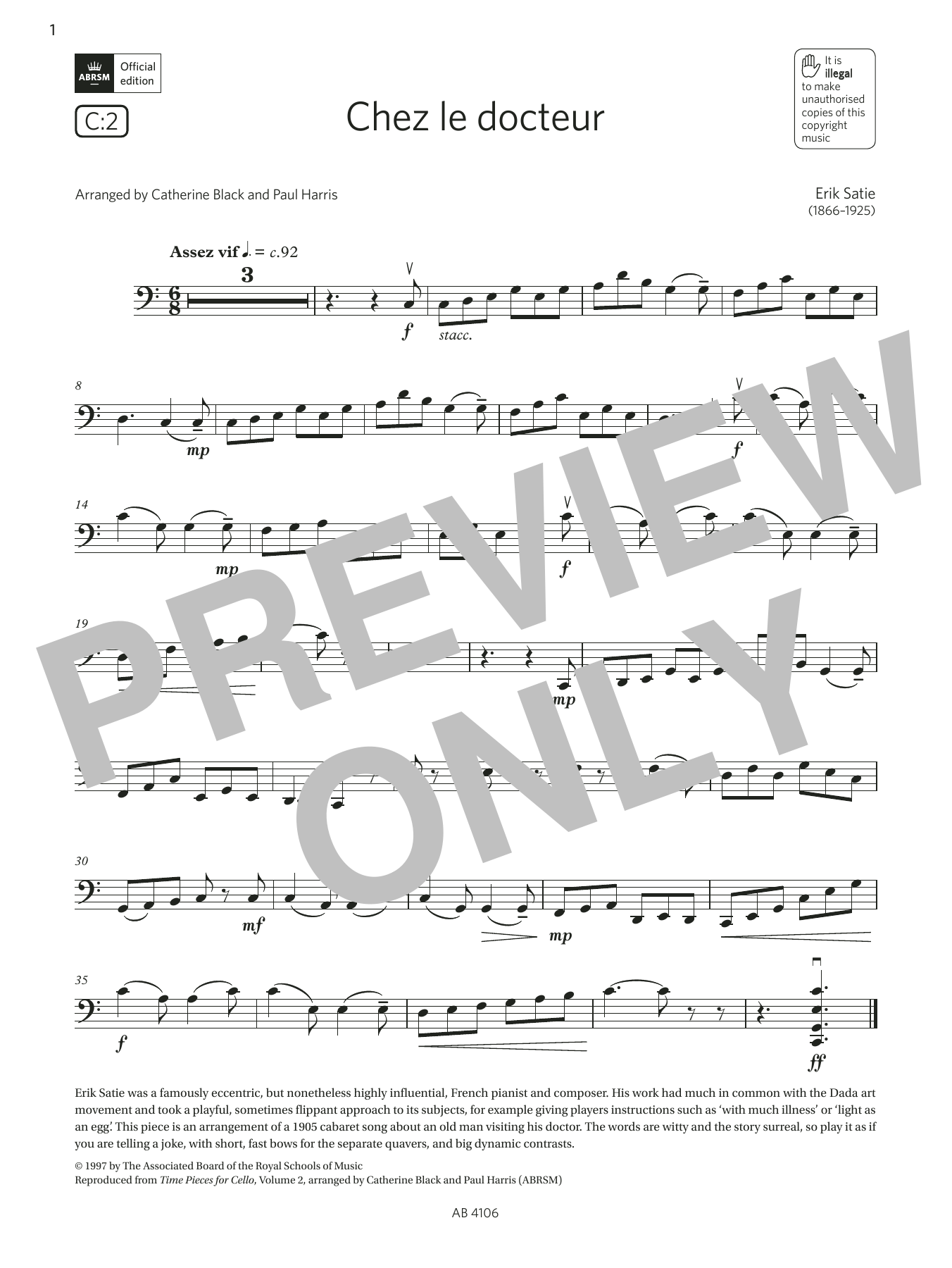 Erik Satie Chez le docteur (Grade 3, C2, from the ABRSM Cello Syllabus from 2024) Sheet Music Notes & Chords for Cello Solo - Download or Print PDF