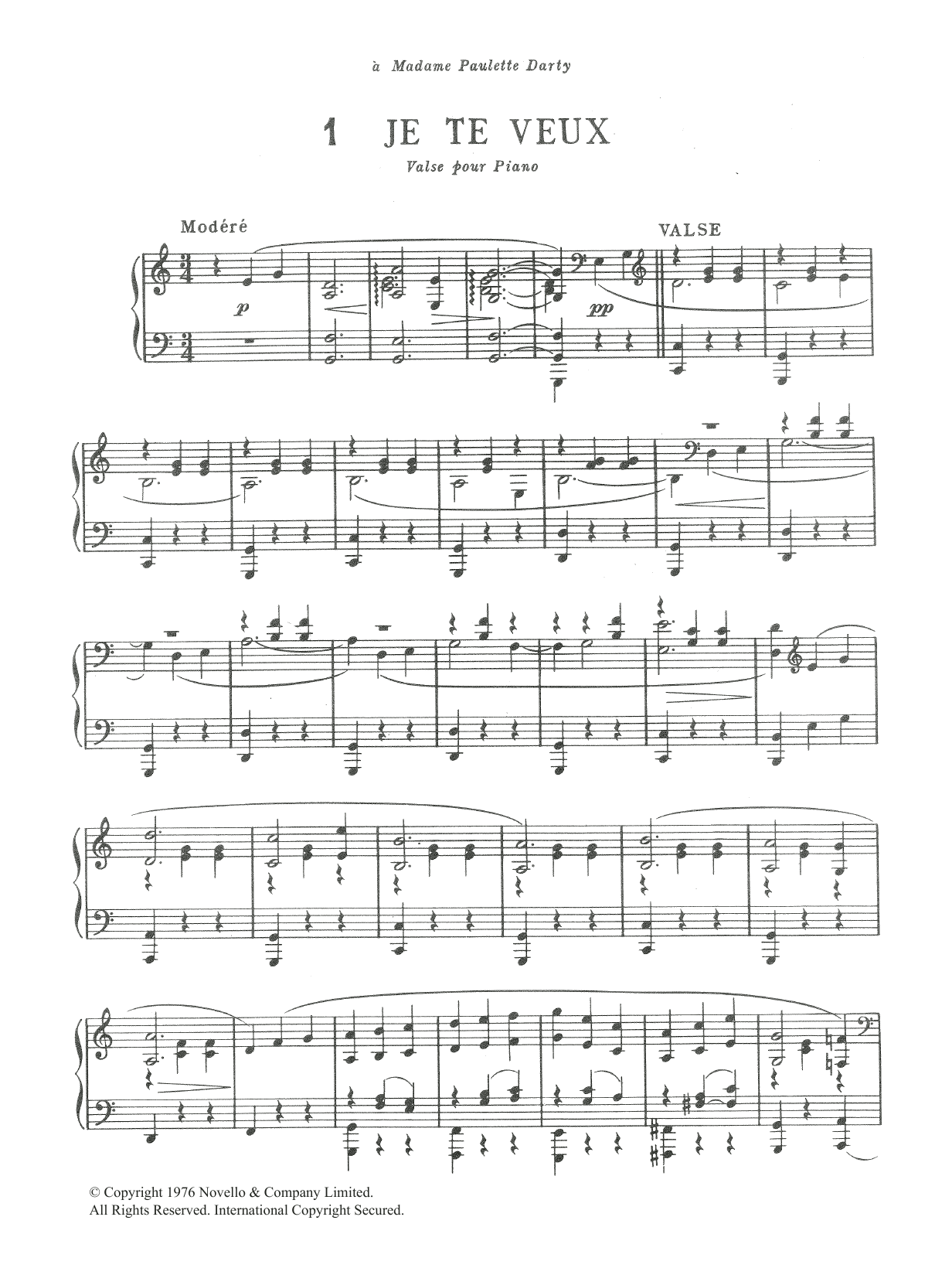Erik Satie Je Te Veux Sheet Music Notes & Chords for Piano - Download or Print PDF