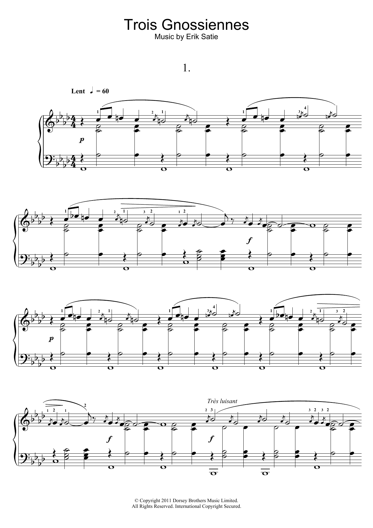 Erik Satie Trois Gnossiennes Sheet Music Notes & Chords for Piano - Download or Print PDF