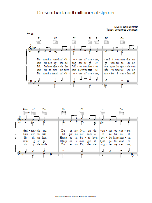 Erik Sommer Du Som Har Tændt Millioner Af Stjerner Sheet Music Notes & Chords for Piano, Vocal & Guitar (Right-Hand Melody) - Download or Print PDF