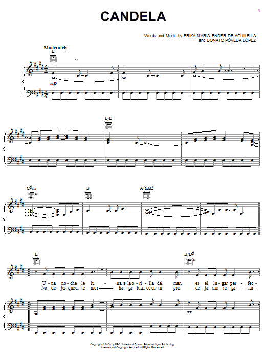 Erika Maria Ender De Aguilella Candela Sheet Music Notes & Chords for Piano, Vocal & Guitar (Right-Hand Melody) - Download or Print PDF