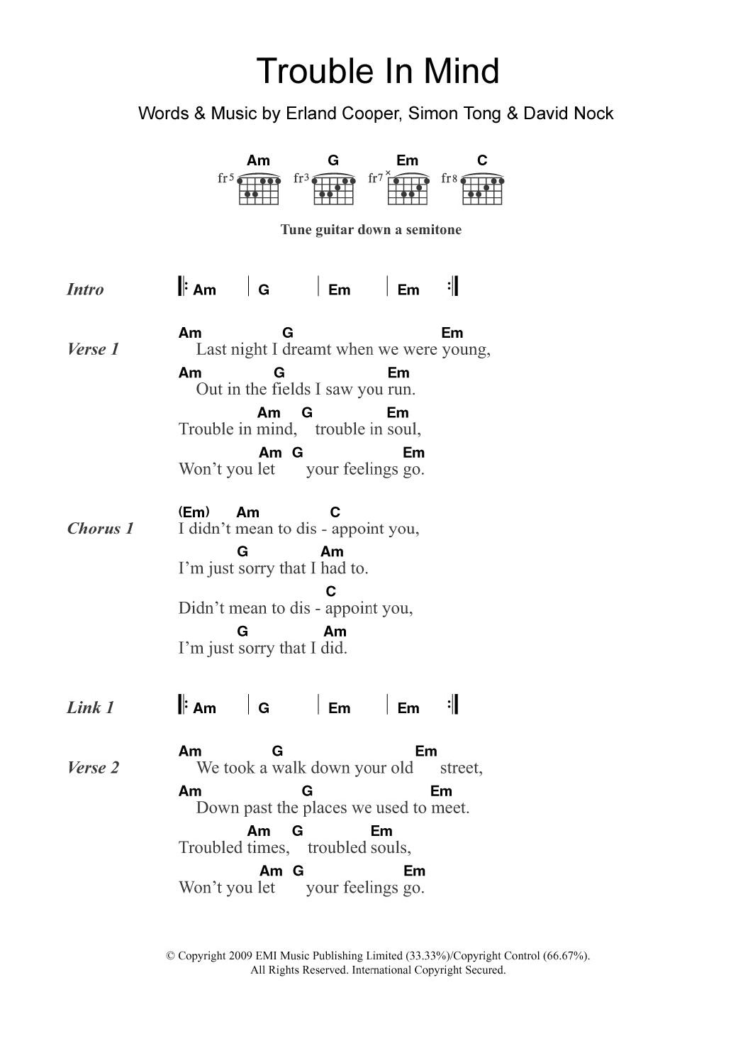 Erland & The Carnival Trouble In Mind Sheet Music Notes & Chords for Lyrics & Chords - Download or Print PDF