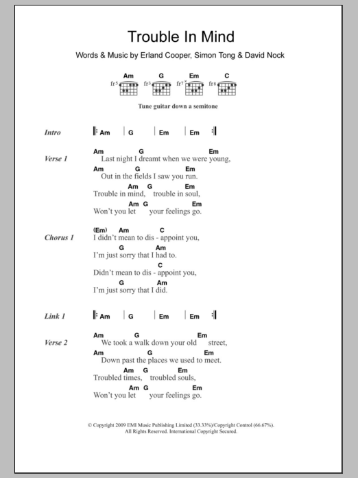 Erland & The Carnival Trouble In Mind Sheet Music Notes & Chords for Lyrics & Chords - Download or Print PDF