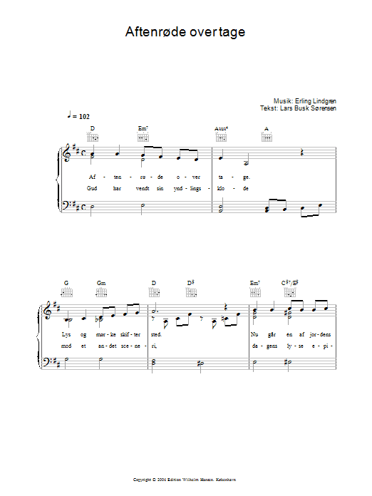 Erling Lindgren Aftenrøde Over Tage Sheet Music Notes & Chords for Piano, Vocal & Guitar (Right-Hand Melody) - Download or Print PDF