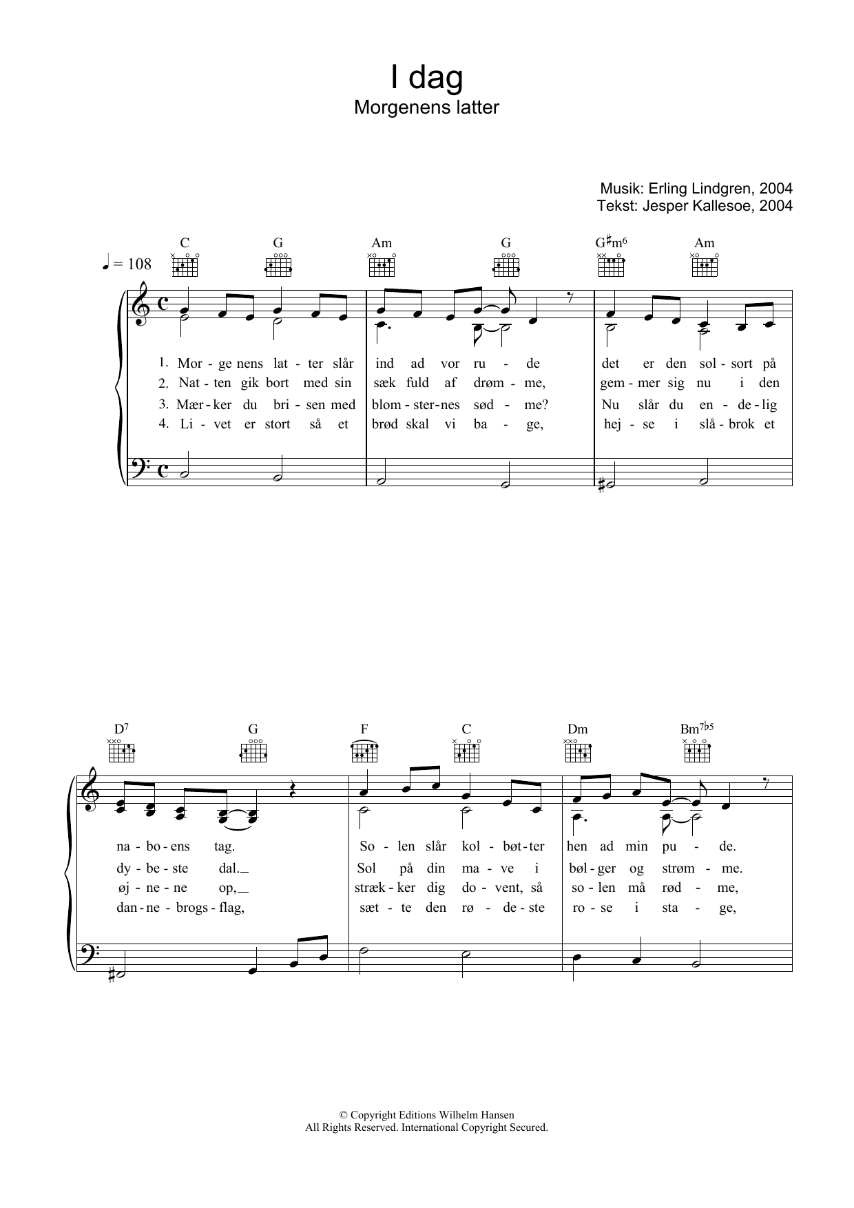 Erling Lindgren I Dag Morgenens Latter Sheet Music Notes & Chords for Piano, Vocal & Guitar (Right-Hand Melody) - Download or Print PDF