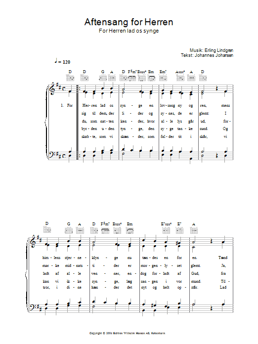 Preview Erling Lindgren Aftensang For Herren - For Herren Lad Os Singe Folk sheet music, notes and chords for Piano, Vocal & Guitar (Right-Hand Melody), SKU: 33798 Aftensang For Herren - For Herren Lad Os Singe sheet music