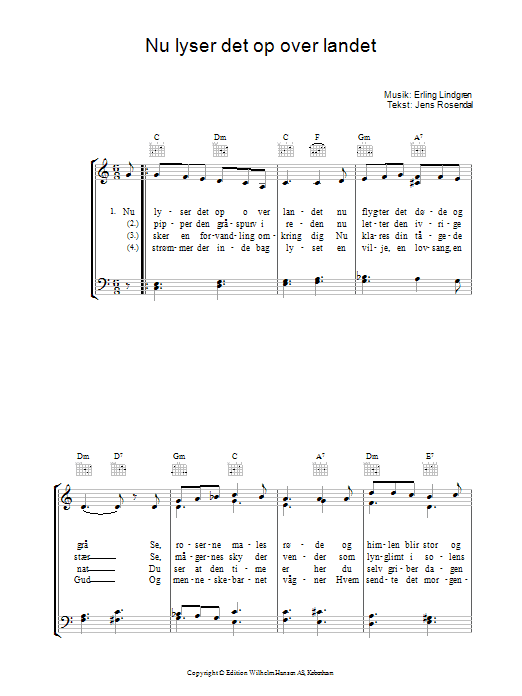Preview Erling Lindgren Nu Lyser Det Op Over Landet Folk sheet music, notes and chords for Piano, Vocal & Guitar (Right-Hand Melody), SKU: 34153 Nu Lyser Det Op Over Landet sheet music