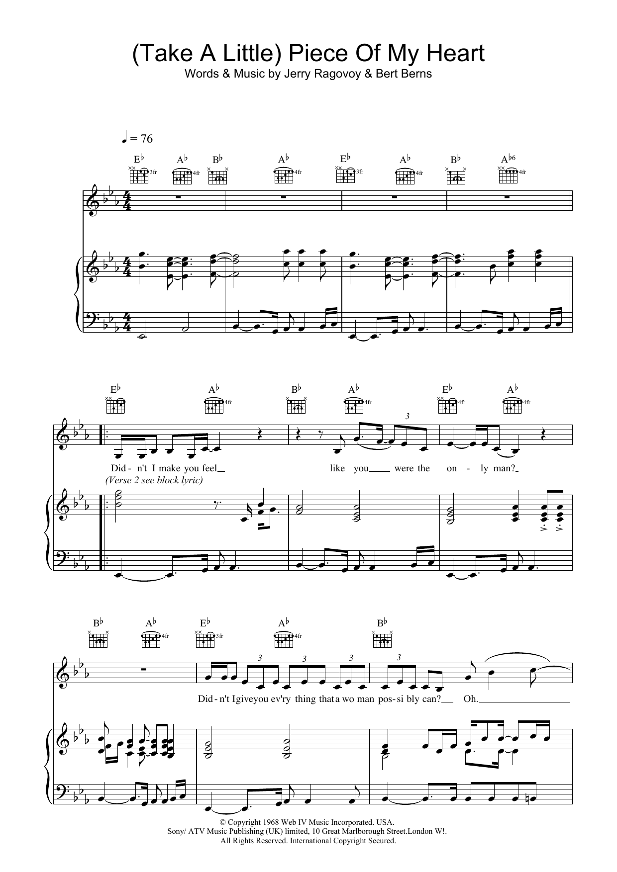 Erma Franklin (Take A Little) Piece Of My Heart Sheet Music Notes & Chords for Piano, Vocal & Guitar - Download or Print PDF