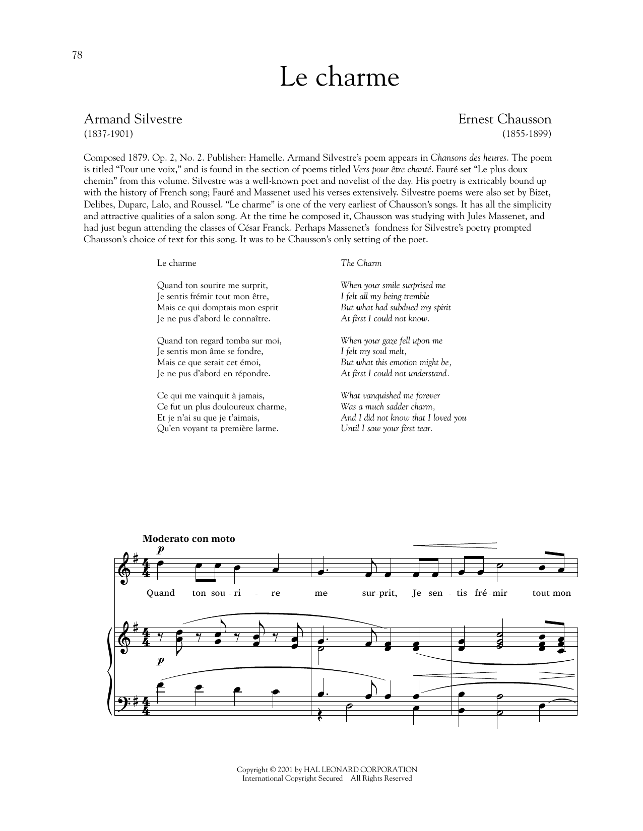 Ernest Chausson Le Charme (High Voice) Sheet Music Notes & Chords for Piano & Vocal - Download or Print PDF