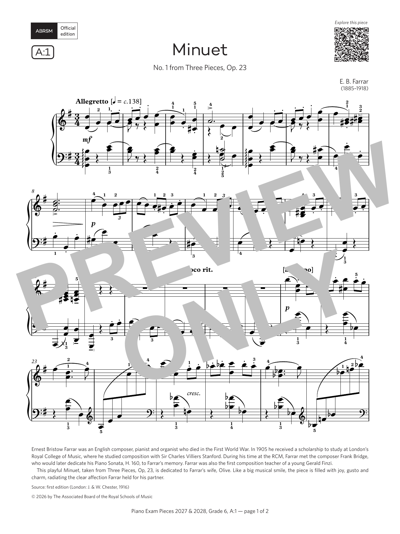 Ernest Farrar Minuet (Grade 6, list A1, from the ABRSM Piano Syllabus 2027 & 2028) Sheet Music Notes & Chords for Piano Solo - Download or Print PDF