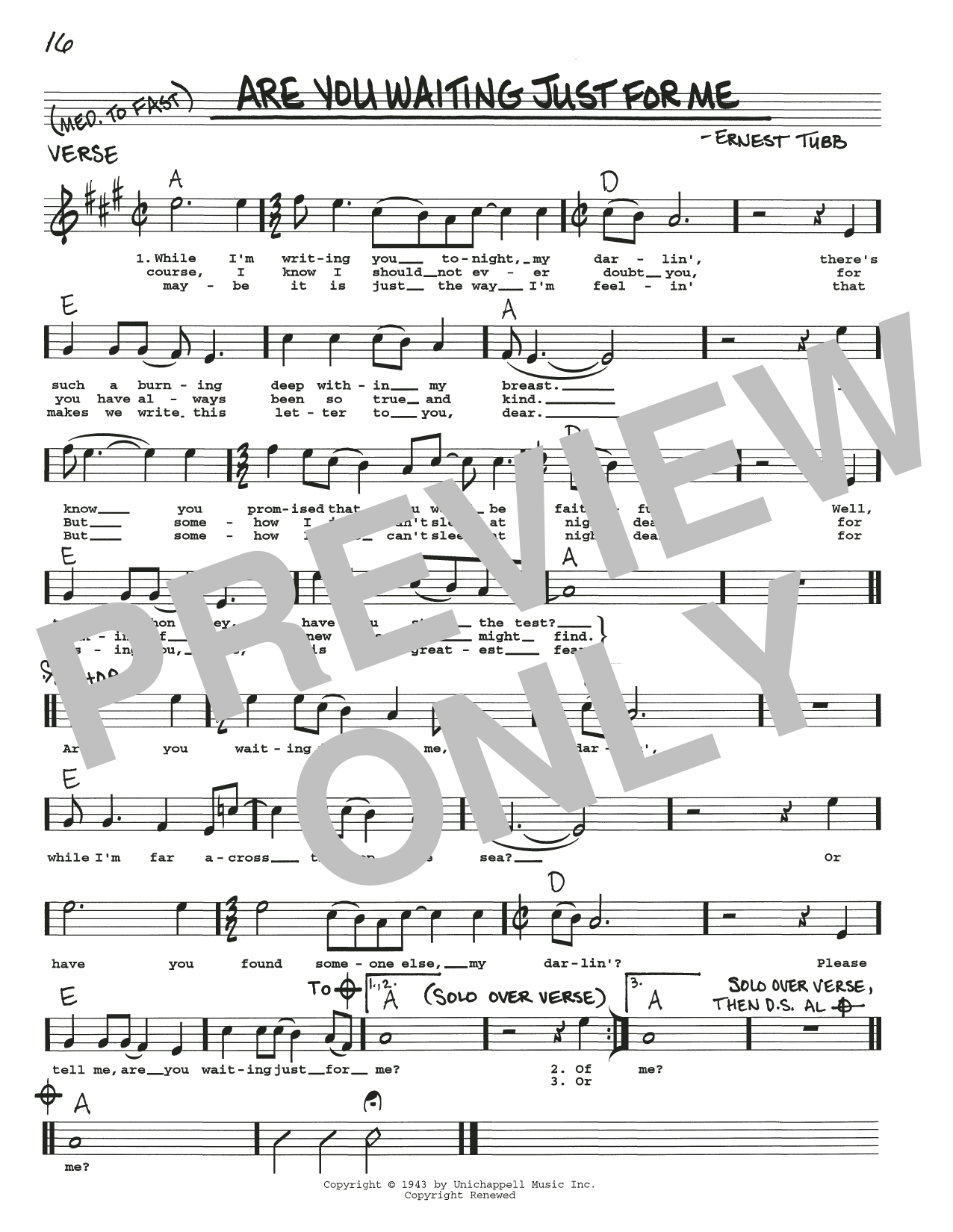 Ernest Tubb Are You Waiting Just For Me Sheet Music Notes & Chords for Real Book – Melody, Lyrics & Chords - Download or Print PDF