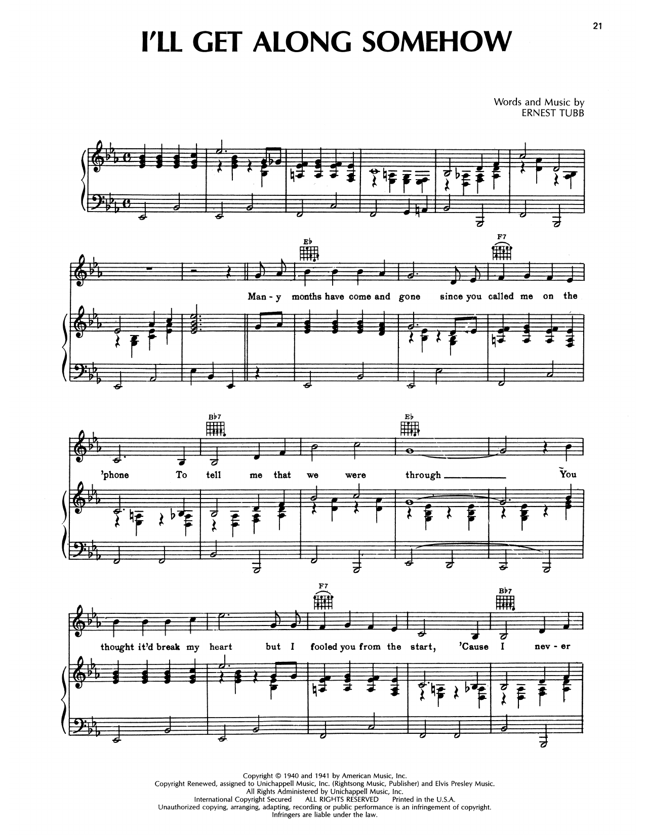 Ernest Tubb I'll Get Along Somehow Sheet Music Notes & Chords for Piano, Vocal & Guitar Chords (Right-Hand Melody) - Download or Print PDF Ernest Tubb I'll Get Along Somehow Sheet Music Notes & Chords for Piano, Vocal & Guitar Chords (Right-Hand Melody) - Download or Print PDF