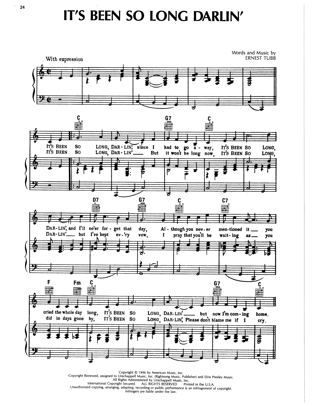 Ernest Tubb It's Been So Long Darlin' Sheet Music Notes & Chords for Piano, Vocal & Guitar Chords (Right-Hand Melody) - Download or Print PDF