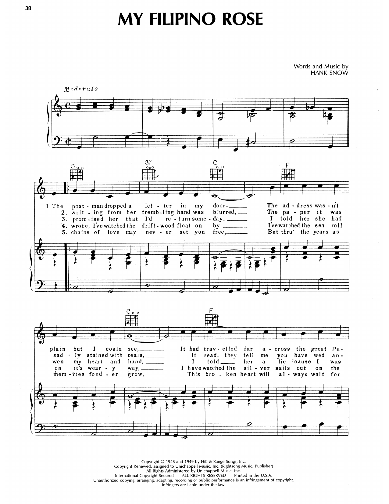 Ernest Tubb My Filipino Rose Sheet Music Notes & Chords for Piano, Vocal & Guitar Chords (Right-Hand Melody) - Download or Print PDF