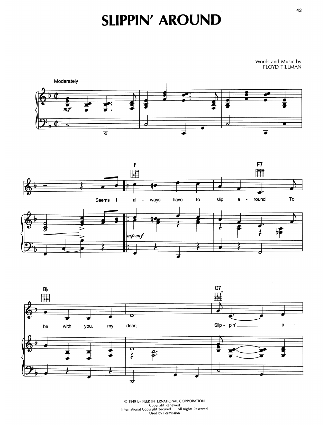 Ernest Tubb Slipping Around Sheet Music Notes & Chords for Piano, Vocal & Guitar Chords (Right-Hand Melody) - Download or Print PDF