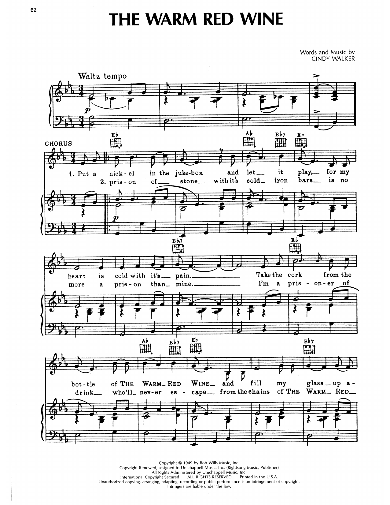 Ernest Tubb The Warm Red Wine Sheet Music Notes & Chords for Piano, Vocal & Guitar Chords (Right-Hand Melody) - Download or Print PDF
