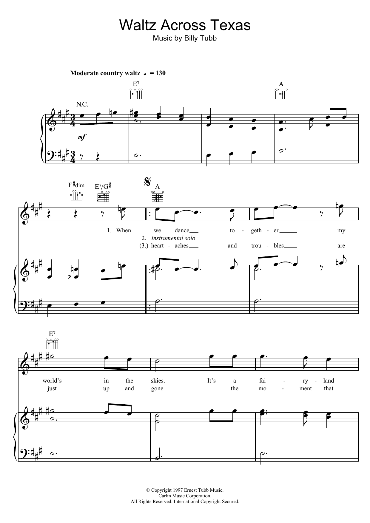 Ernest Tubb Waltz Across Texas Sheet Music Notes & Chords for Piano, Vocal & Guitar (Right-Hand Melody) - Download or Print PDF