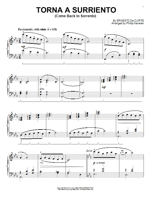 Ernesto de Curtis Come Back To Sorrento Sheet Music Notes & Chords for Piano - Download or Print PDF