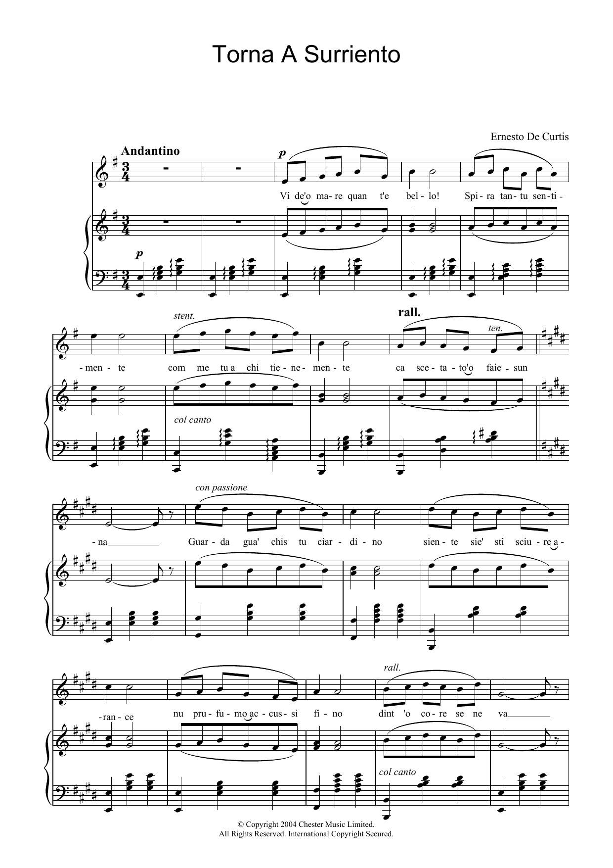 Ernesto DeCurtis Torna A Surriento Sheet Music Notes & Chords for Piano & Vocal - Download or Print PDF