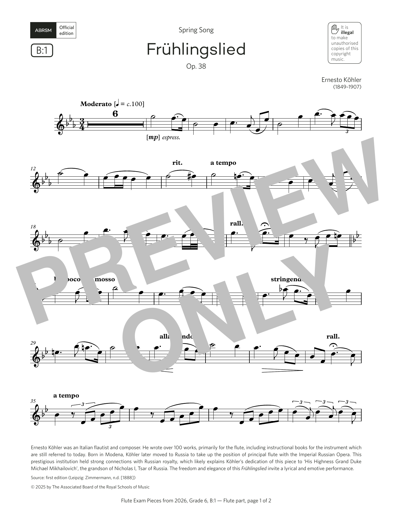 Ernesto Köhler Frühlingslied (Grade 6, list B1, from the ABRSM Flute Syllabus from 2026) Sheet Music Notes & Chords for Flute Solo - Download or Print PDF Ernesto Köhler Frühlingslied (Grade 6, list B1, from the ABRSM Flute Syllabus from 2026) Sheet Music Notes & Chords for Flute Solo - Download or Print PDF