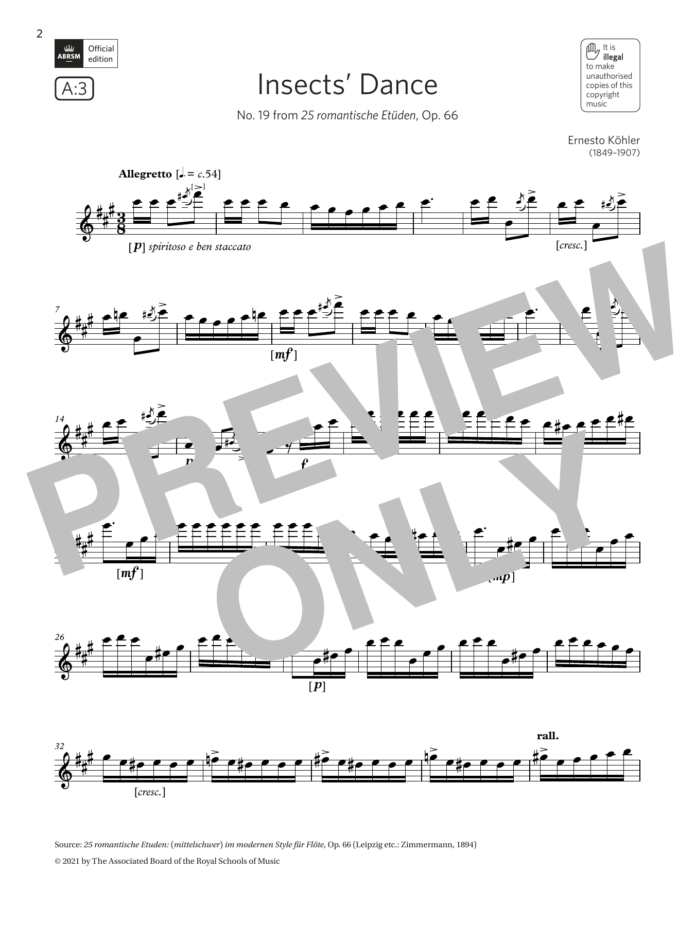 Ernesto Köhler Insects' Dance (from 25 romantische Etüden) (Grade 7 A3 from the ABRSM Flute syllabus from 2022) Sheet Music Notes & Chords for Flute Solo - Download or Print PDF