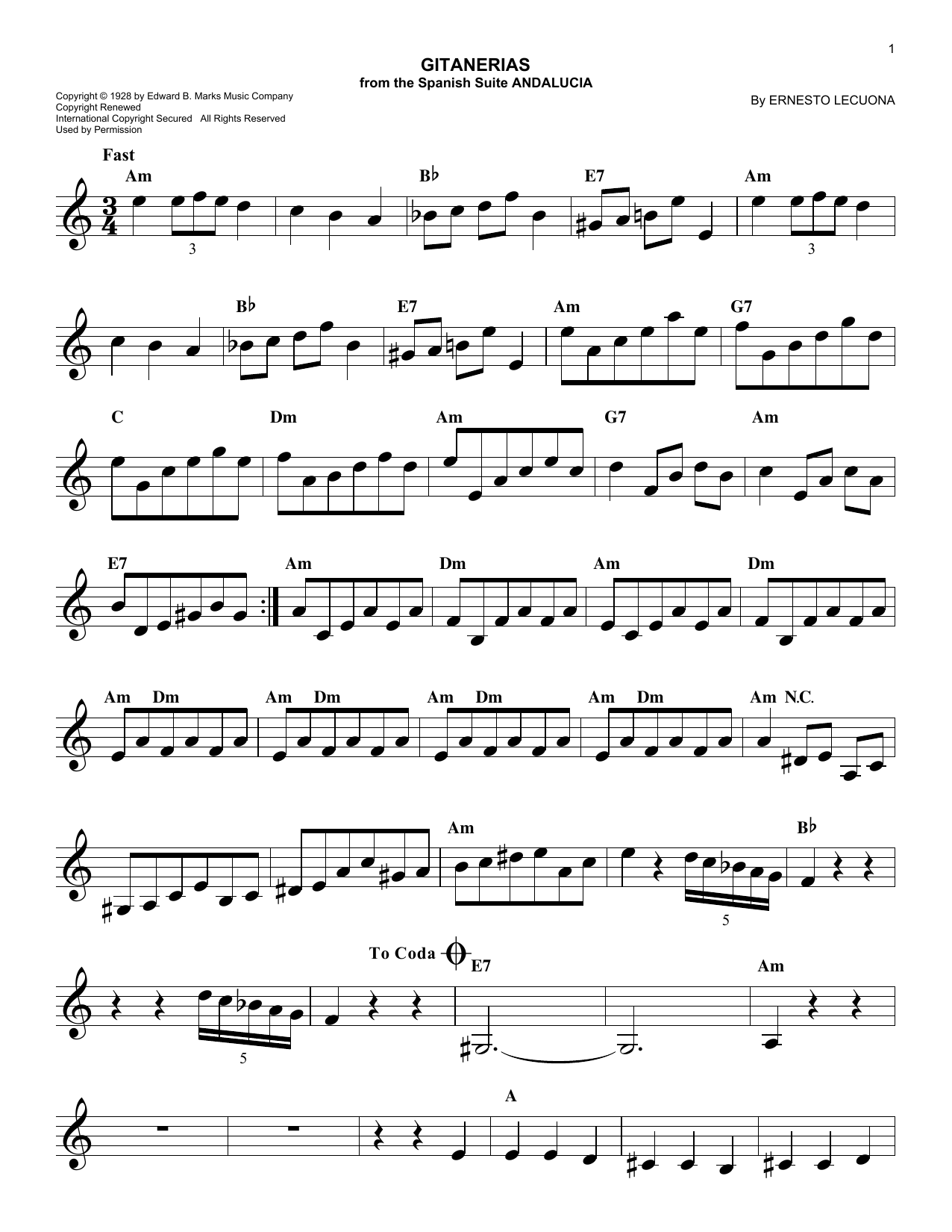 Ernesto Lecuona Gitanerias Sheet Music Notes & Chords for Melody Line, Lyrics & Chords - Download or Print PDF