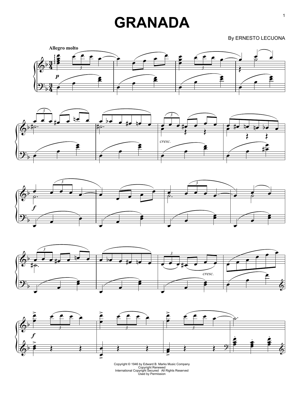 Ernesto Lecuona Granada Sheet Music Notes & Chords for Piano - Download or Print PDF