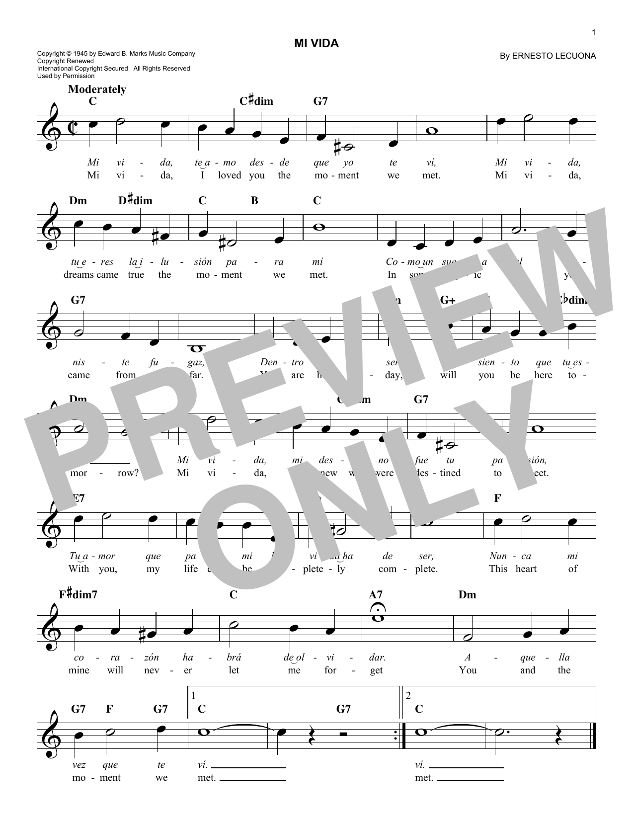 Ernesto Lecuona Mi Vida Sheet Music Notes & Chords for Piano, Vocal & Guitar Chords (Right-Hand Melody) - Download or Print PDF