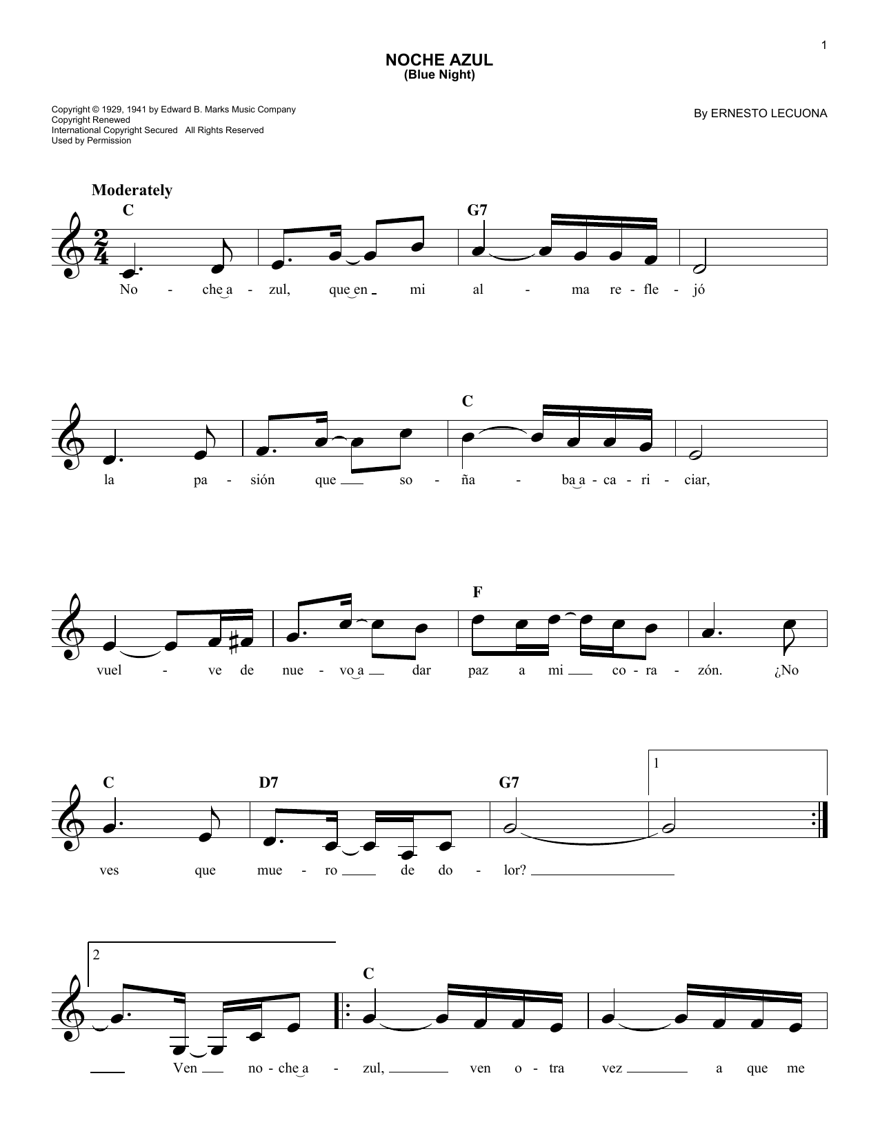 Ernesto Lecuona Noche Azul (Blue Night) Sheet Music Notes & Chords for Piano, Vocal & Guitar Chords (Right-Hand Melody) - Download or Print PDF