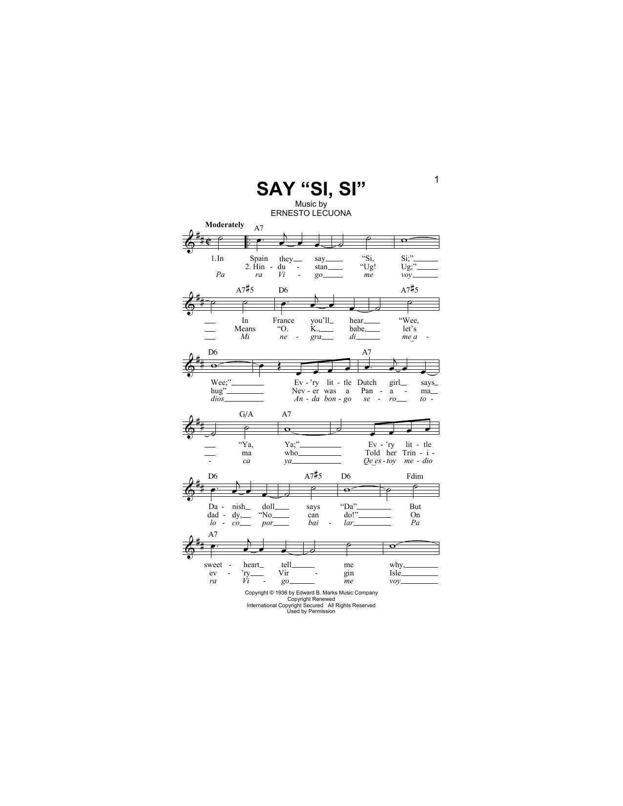 Ernesto Lecuona Say Si Si Sheet Music Notes & Chords for Melody Line, Lyrics & Chords - Download or Print PDF