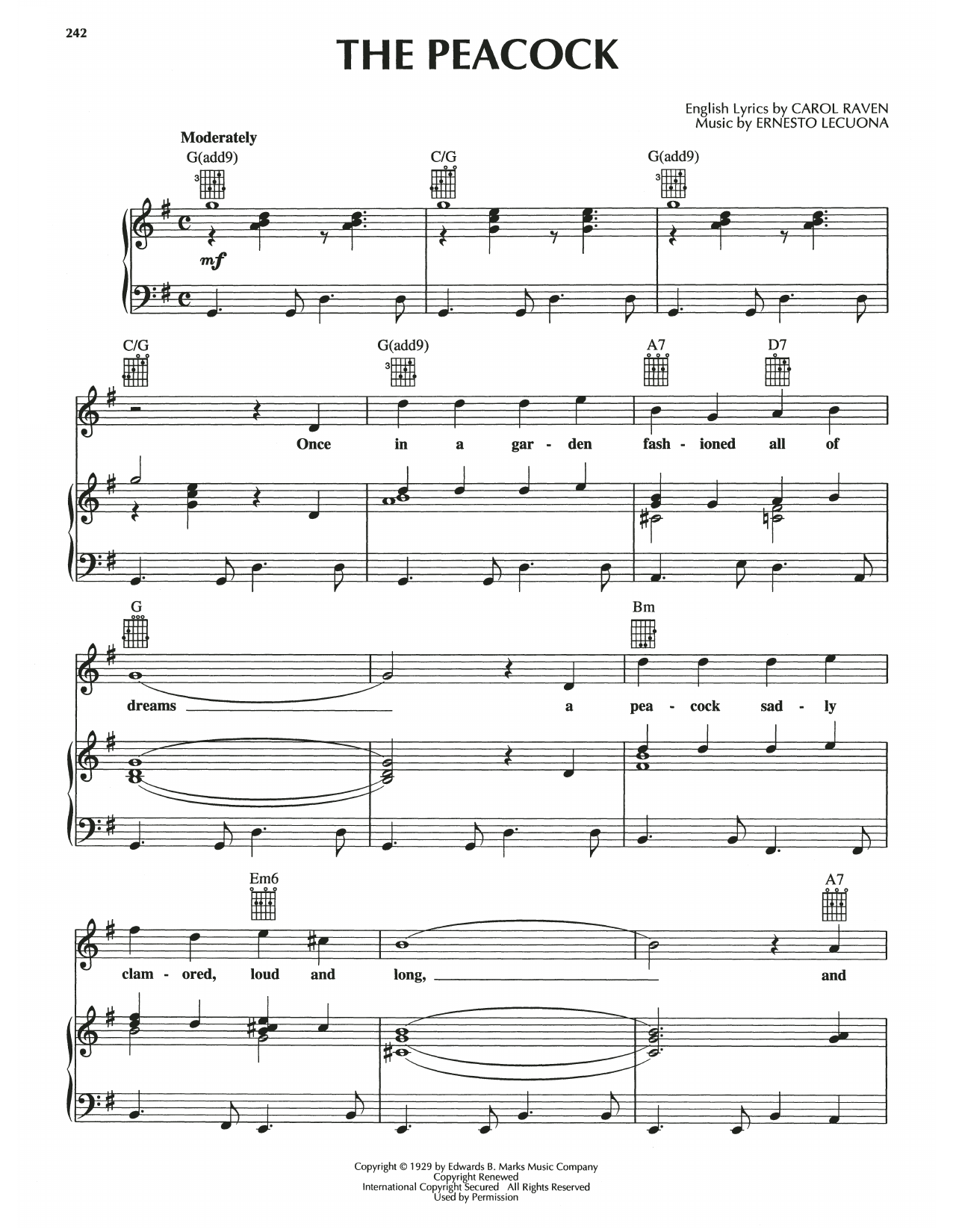 Ernesto Lecuona The Peacock Sheet Music Notes & Chords for Piano, Vocal & Guitar Chords (Right-Hand Melody) - Download or Print PDF