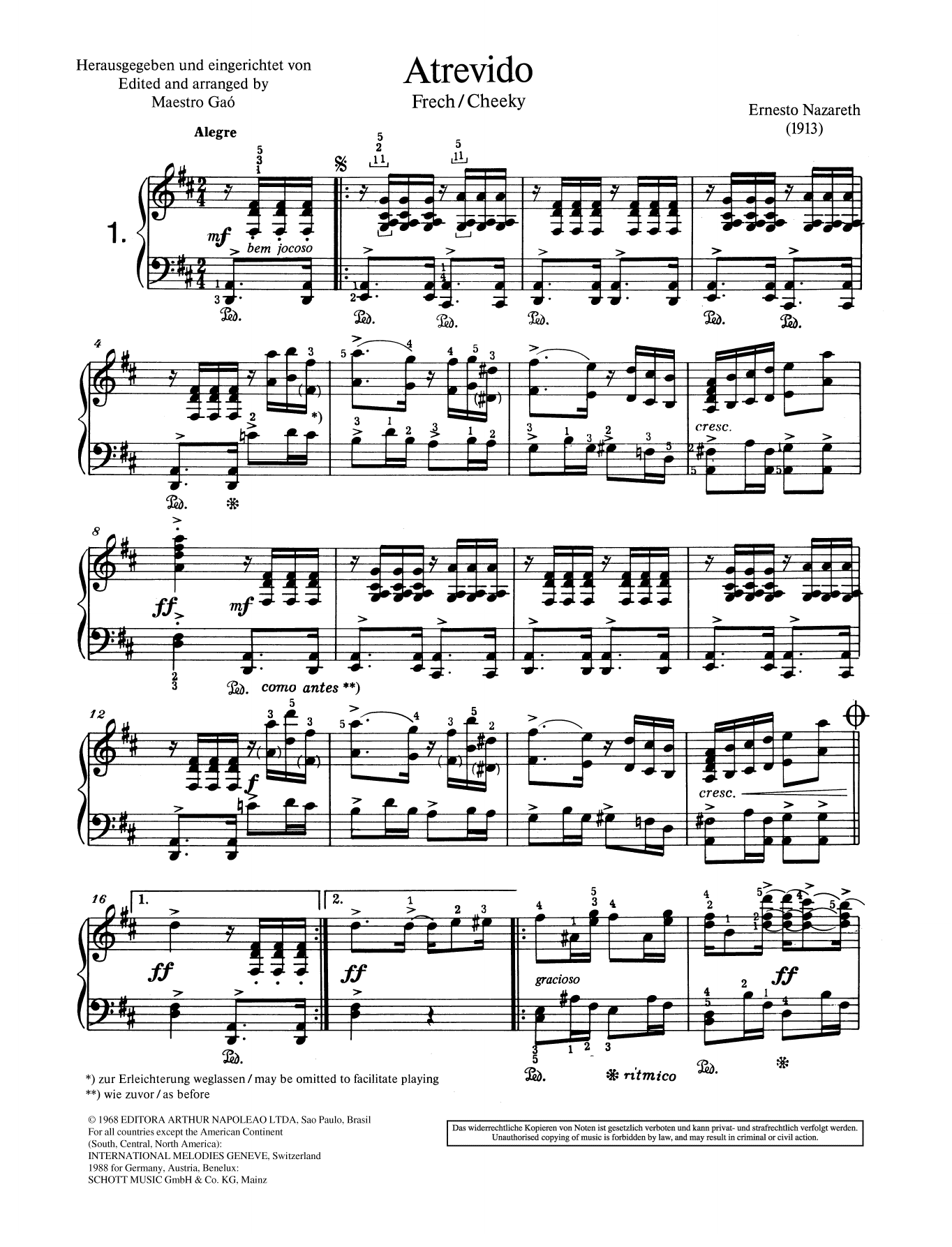 Ernesto Nazareth Atrevido Sheet Music Notes & Chords for Piano Solo - Download or Print PDF