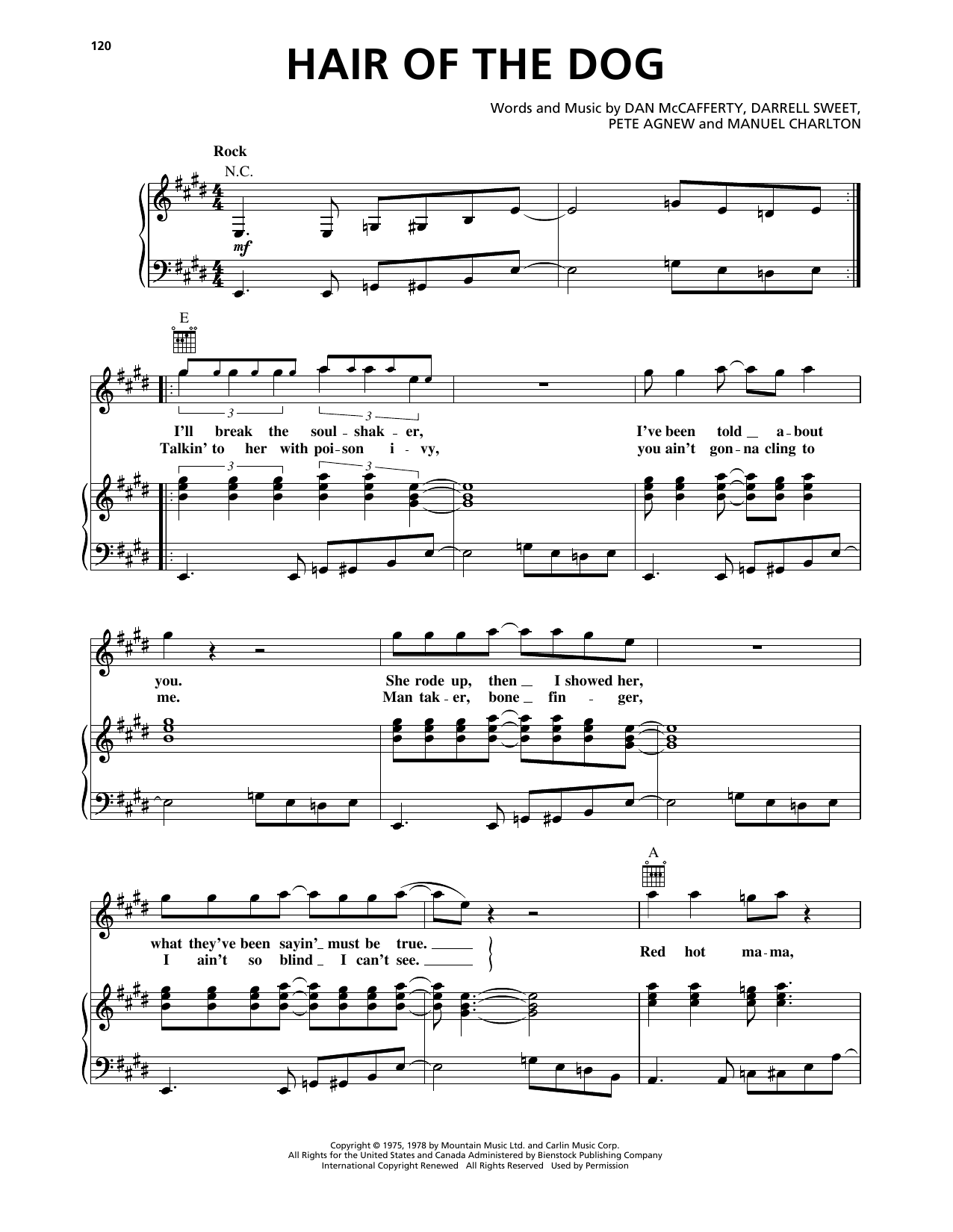 Nazareth Hair Of The Dog Sheet Music Notes & Chords for Piano, Vocal & Guitar Chords (Right-Hand Melody) - Download or Print PDF