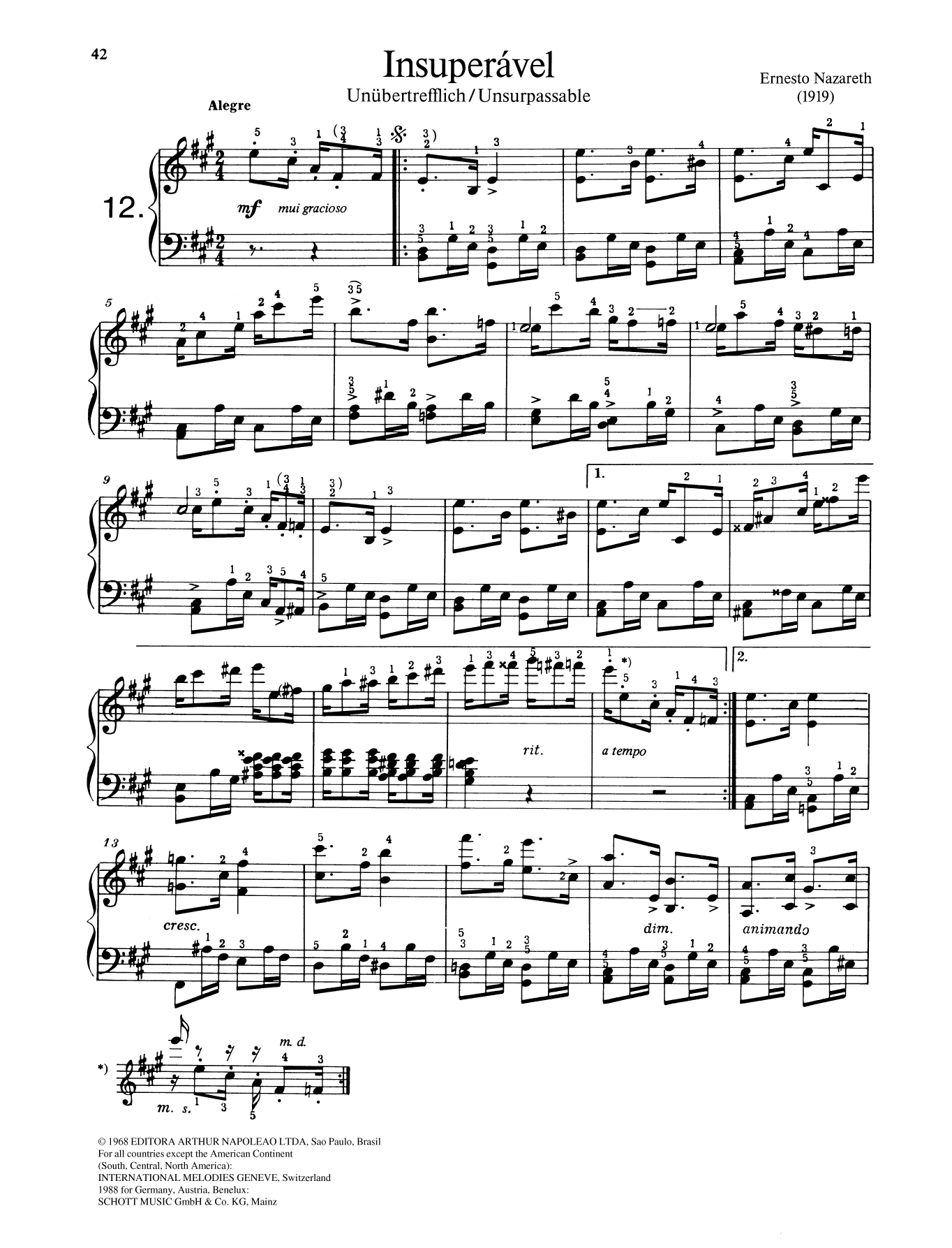 Ernesto Nazareth Insuperável Sheet Music Notes & Chords for Piano Solo - Download or Print PDF