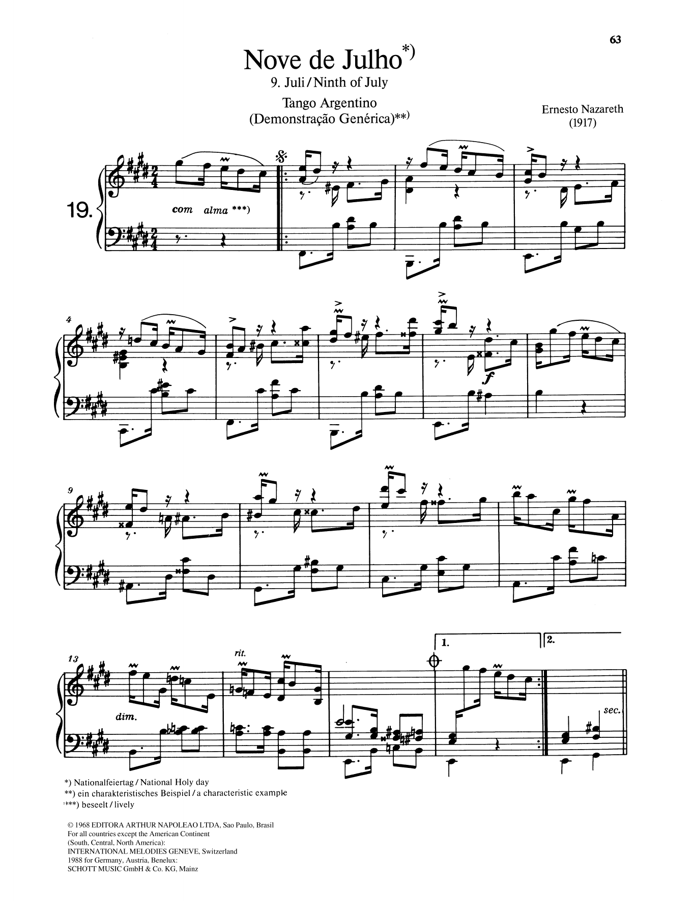 Ernesto Nazareth Nove de Julho Sheet Music Notes & Chords for Piano Solo - Download or Print PDF