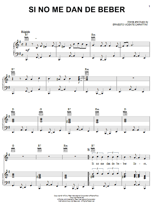Ernesto Vicente Carattini Si No Me Dan De Beber Sheet Music Notes & Chords for Piano, Vocal & Guitar (Right-Hand Melody) - Download or Print PDF