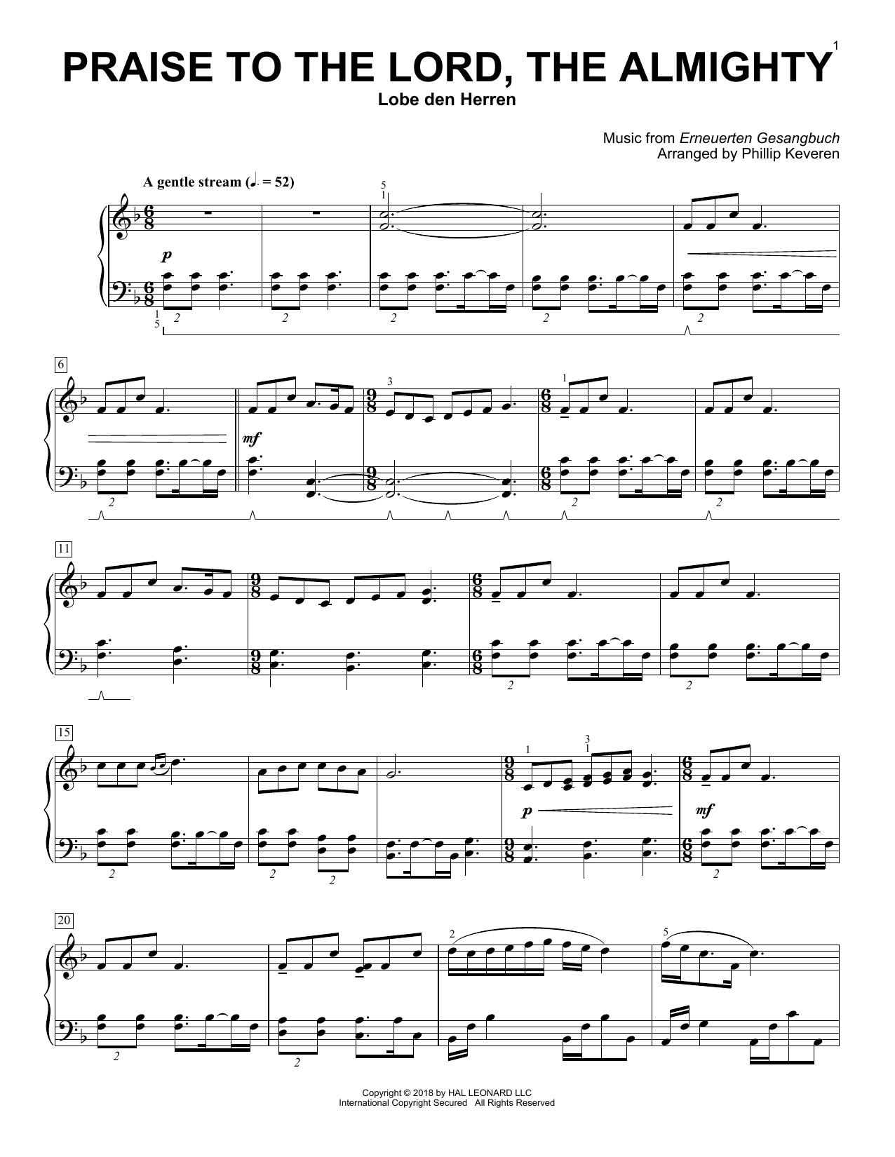 Erneuerten Gesangbuch Praise To The Lord, The Almighty (arr. Phillip Keveren) Sheet Music Notes & Chords for Piano - Download or Print PDF