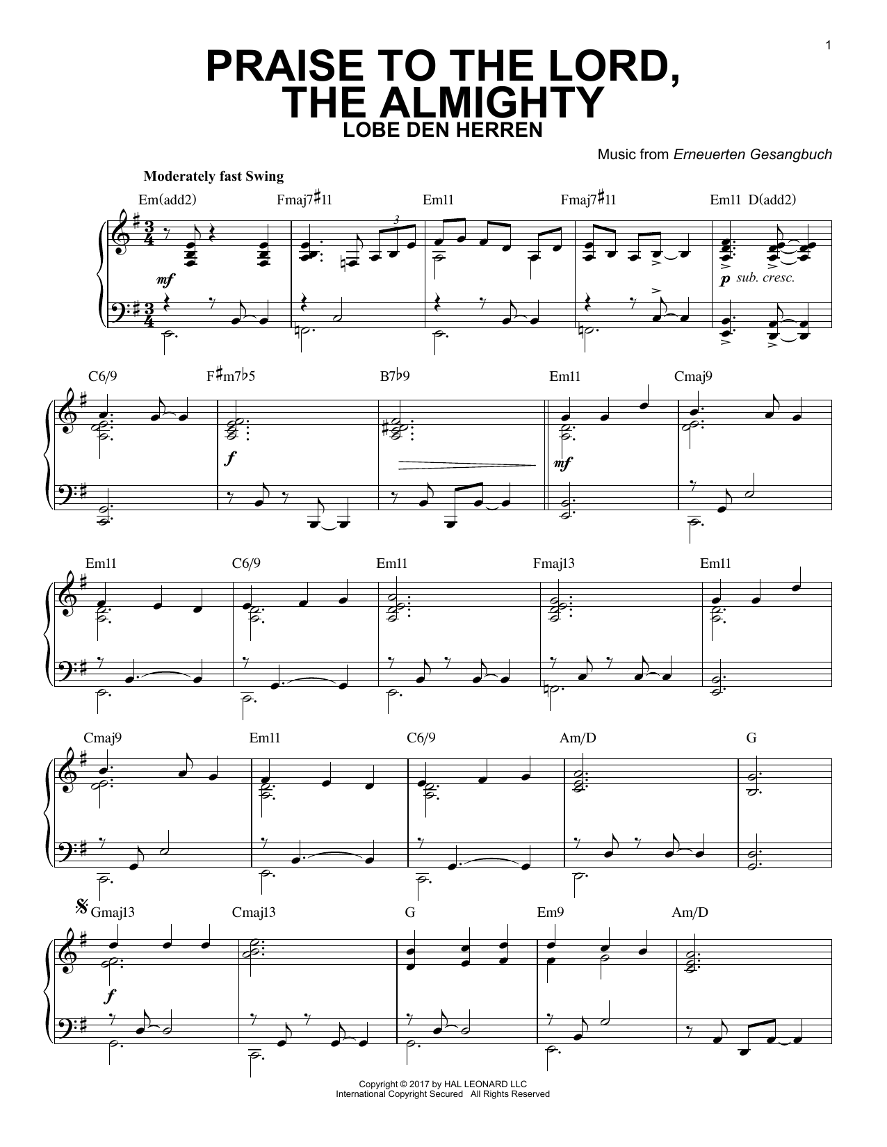 Erneuerten Gesangbuch Praise To The Lord, The Almighty [Jazz version] Sheet Music Notes & Chords for Piano - Download or Print PDF