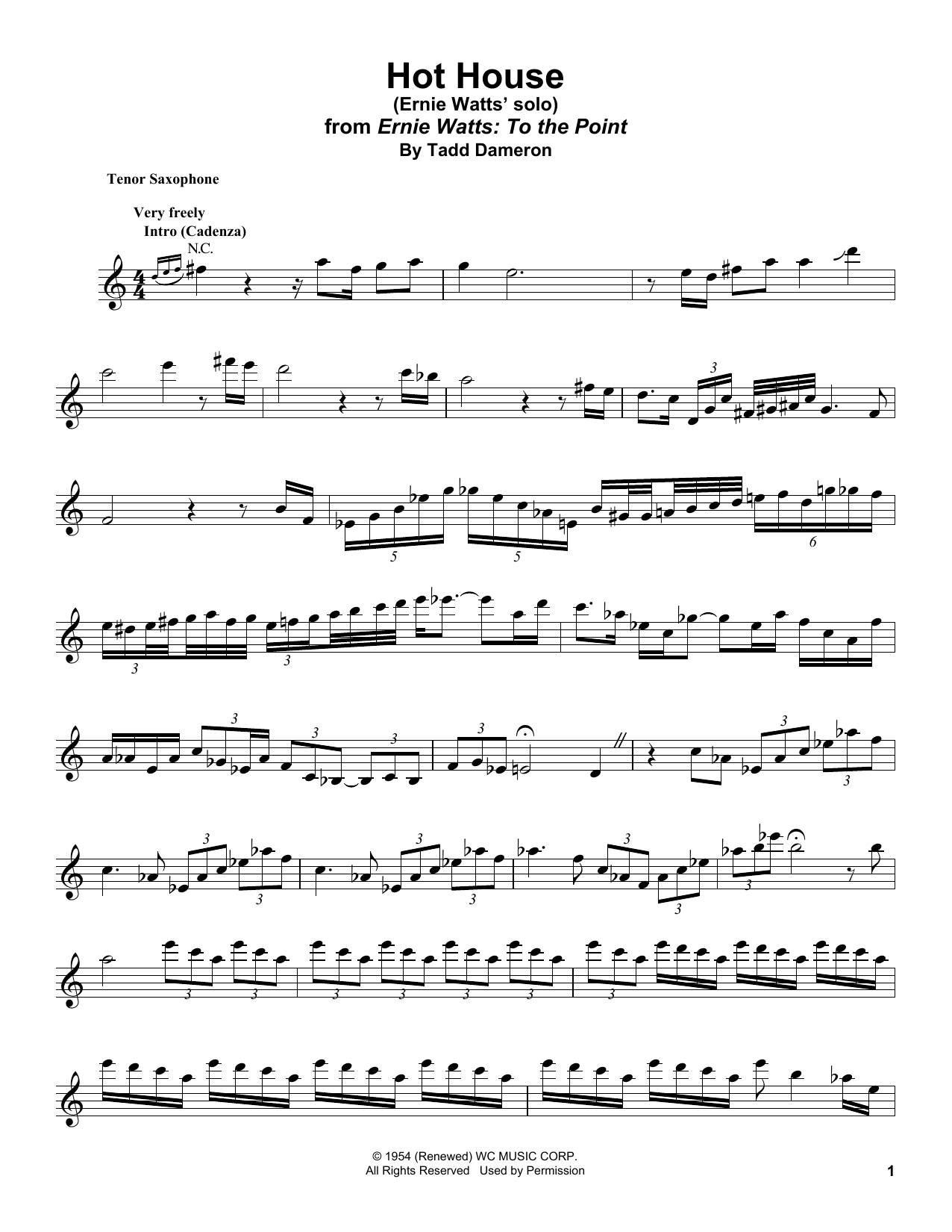 Ernie Watts Hot House Sheet Music Notes & Chords for Tenor Sax Transcription - Download or Print PDF