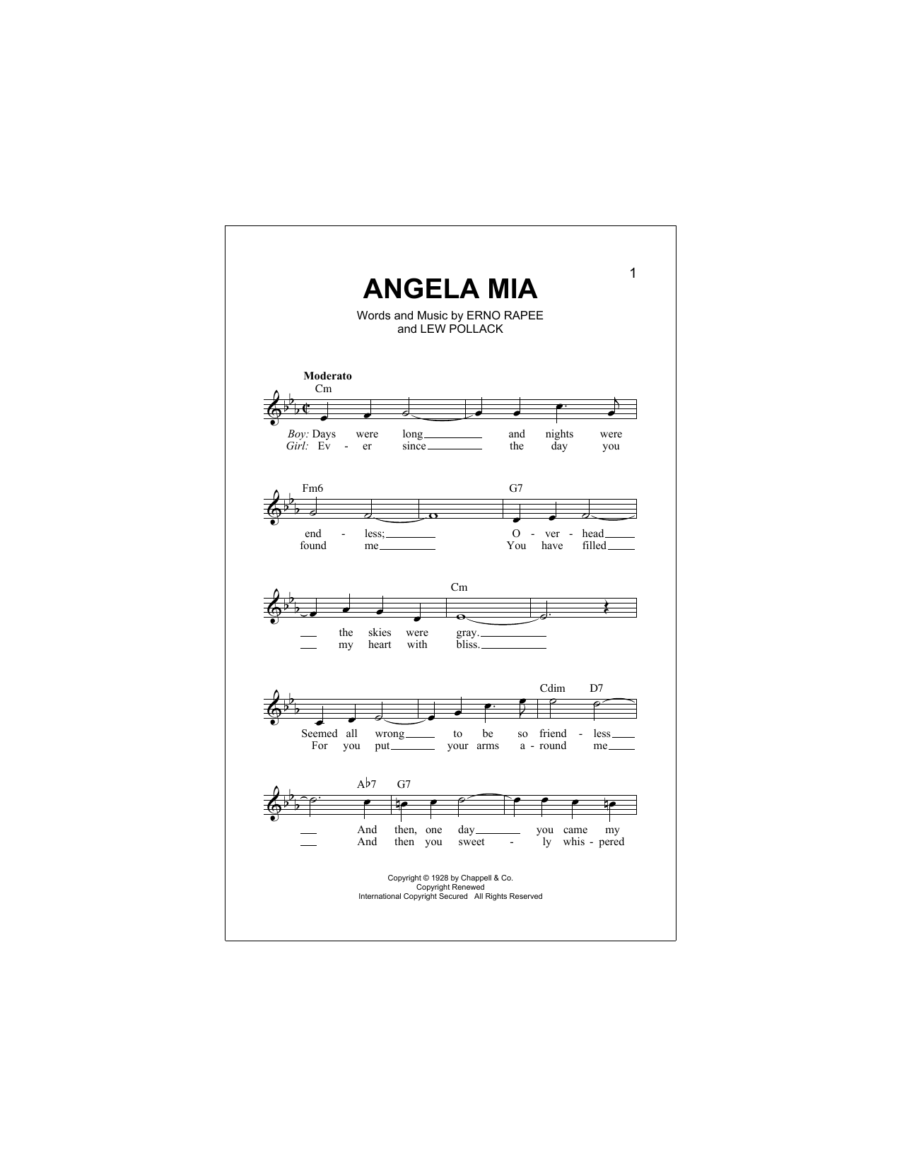Erno Rapee Angela Mia Sheet Music Notes & Chords for Melody Line, Lyrics & Chords - Download or Print PDF